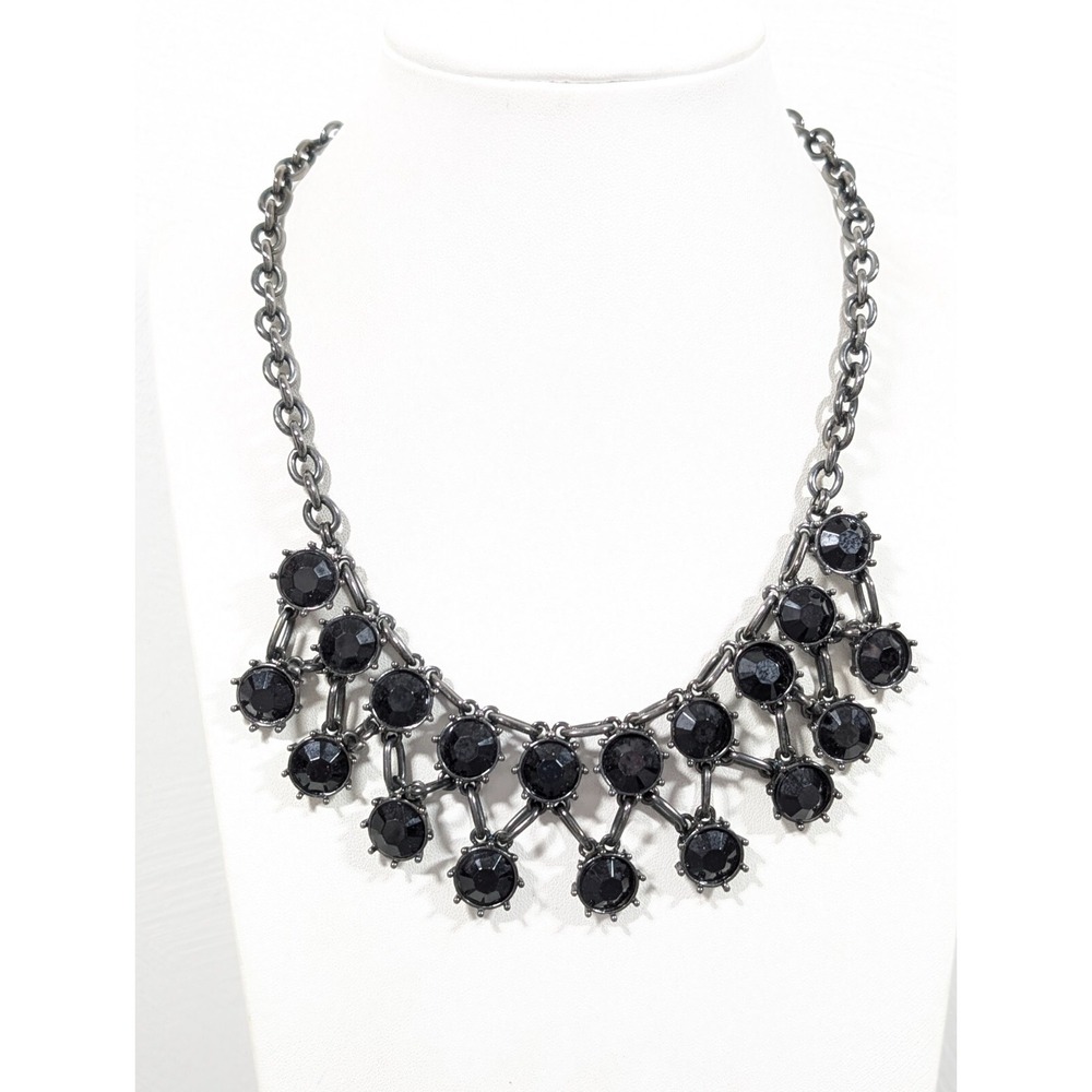 Boho‎ Preppy Gothic Black Round Crystal Woven Statement Necklace Gray Metallic